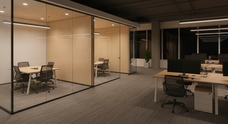 Cleaner servicing an open-plan office floor in Waterloo after hours